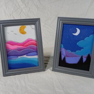 NEW 3D Original Art Handmade Day & Night Boho Style Framed Landscapes *Bundle*